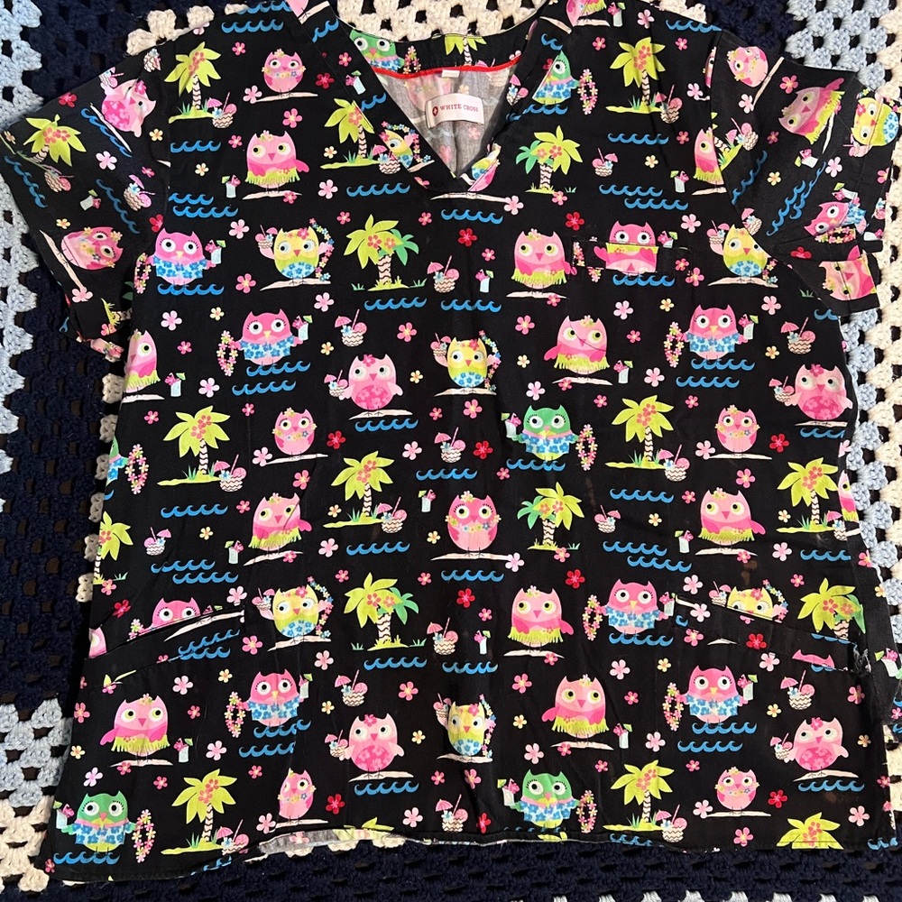 White Cross Colorful Owl Print Women's Top